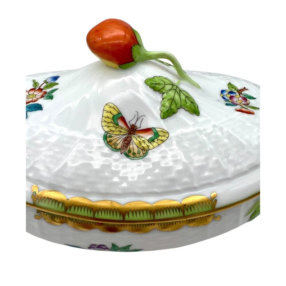 Herend Queen Victoria VBA Sugar Basin Candy Bon Bon Covered Dish Green Border - Picture 6 of 16